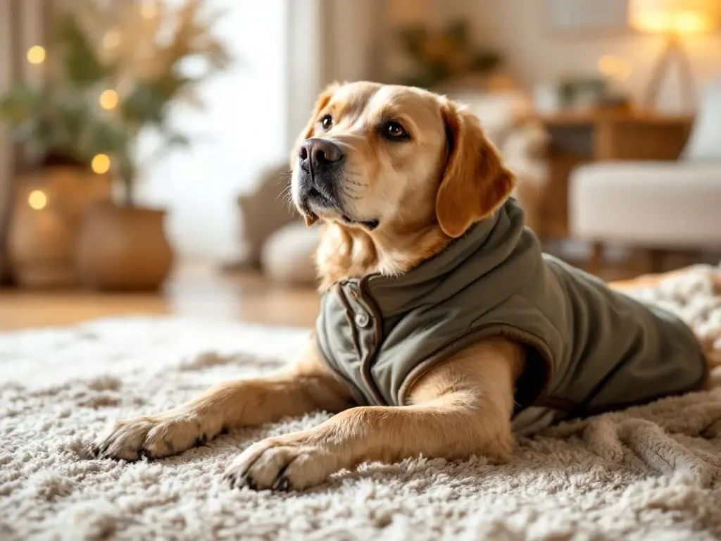 Abrigo térmico senior colocado sobre perro mayor con artritis; apertura total sin levantar patas para evitar dolor articular