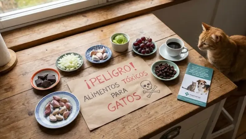 Infografía de alimentos prohibidos para gatos: uvas, cebolla, ajo y aguacate