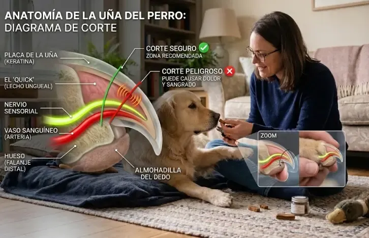 Infografía mostrando la anatomía de una uña de perro, indicando el nervio rosa y el ángulo correcto de corte