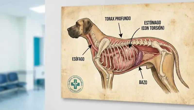 Silueta de un perro Gran Danés mostrando la profundidad de su pecho, factor de riesgo