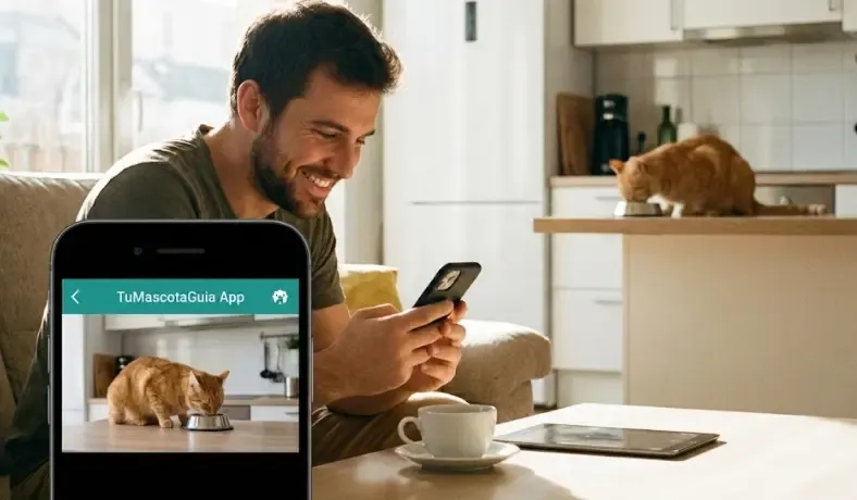 Dueño mirando a su gato comer a través de la pantalla del móvil en una app