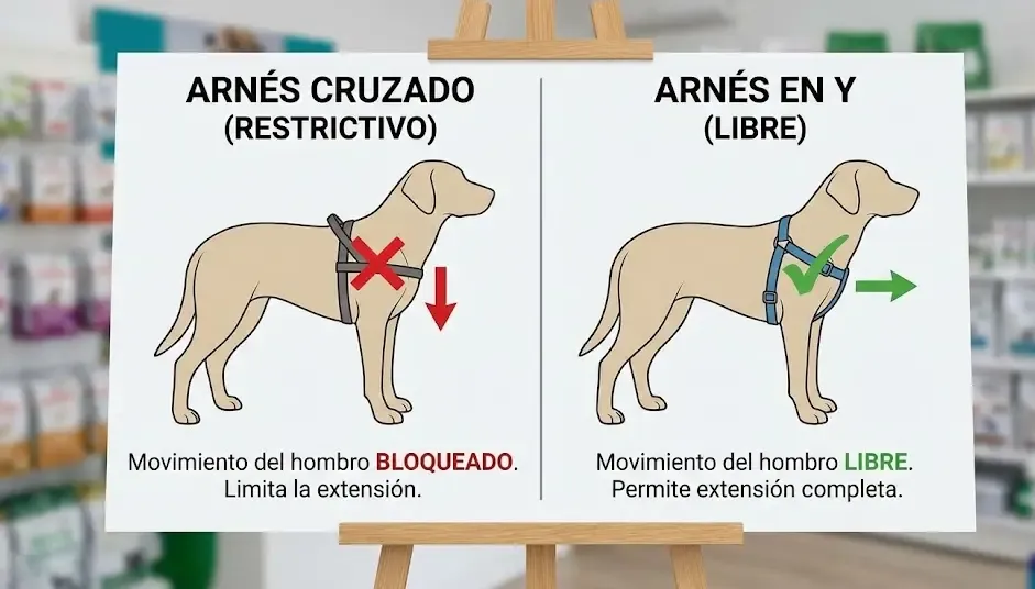Gráfico que muestra un arnés que cruza el hombro bloqueando el movimiento vs un arnés en Y libre