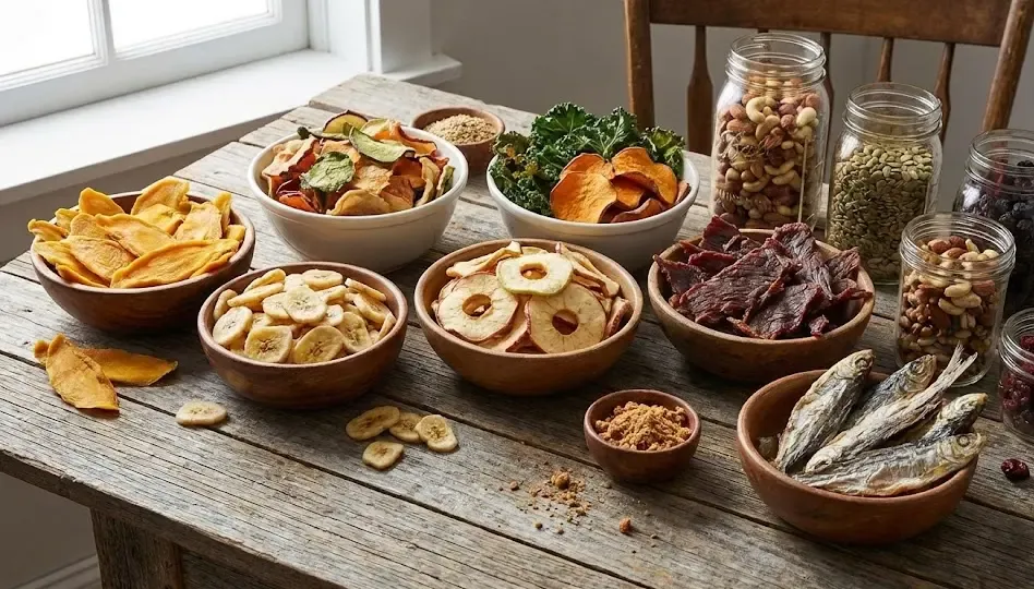 Variedad de snacks naturales deshidratados sobre una mesa de madera