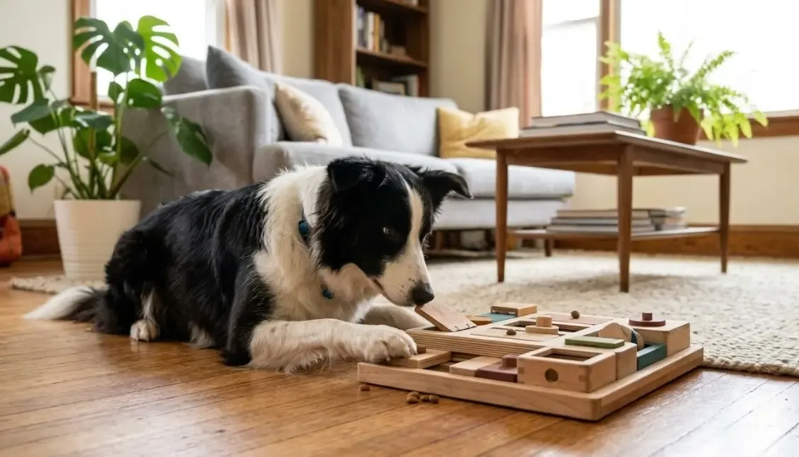 Un perro Border Collie concentrado resolviendo un puzzle de inteligencia de madera en el suelo