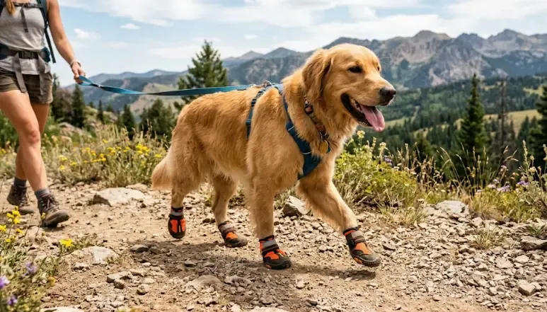 Perro con botas protectoras caminando por asfalto en verano
