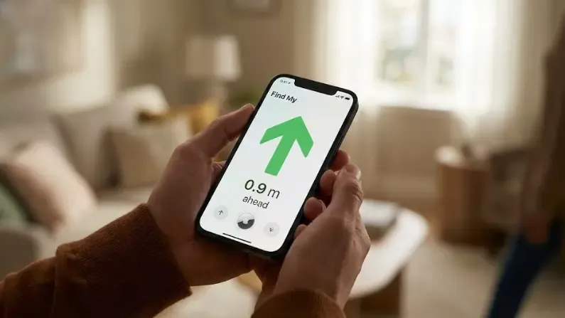 Dueño usando un iPhone para buscar un AirTag con la flecha verde en pantalla