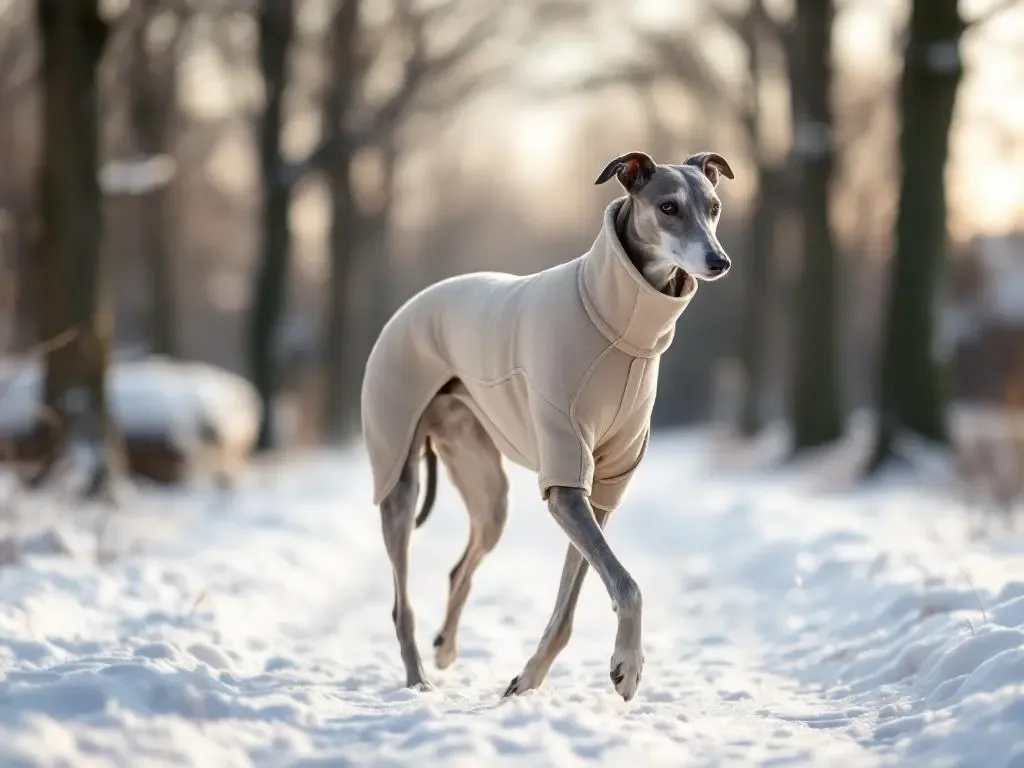 Buzo polar de doble capa en galgo durante paseo invernal con temperatura de 8 °C