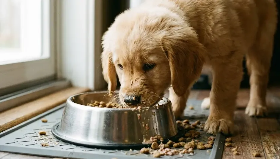 Cachorro comiendo de un bol de acero inoxidable