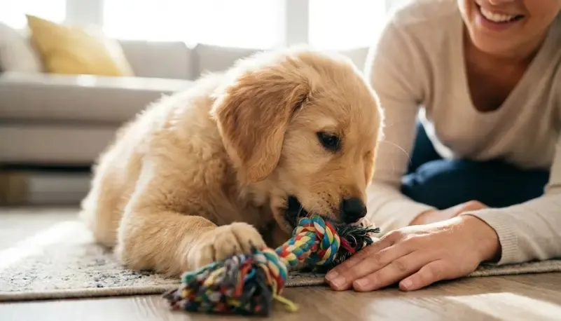 Cachorro mordiendo un juguete de cuerda en lugar de la mano de su dueño