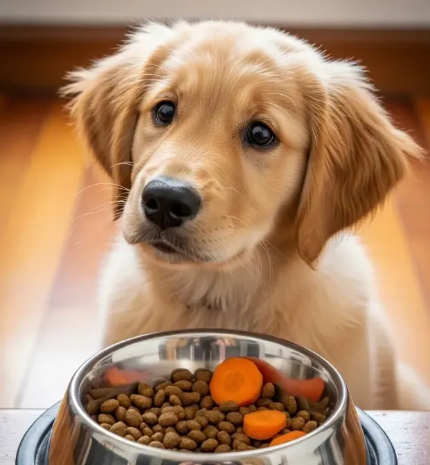Cachorro de raza grande mirando con curiosidad su plato de comida