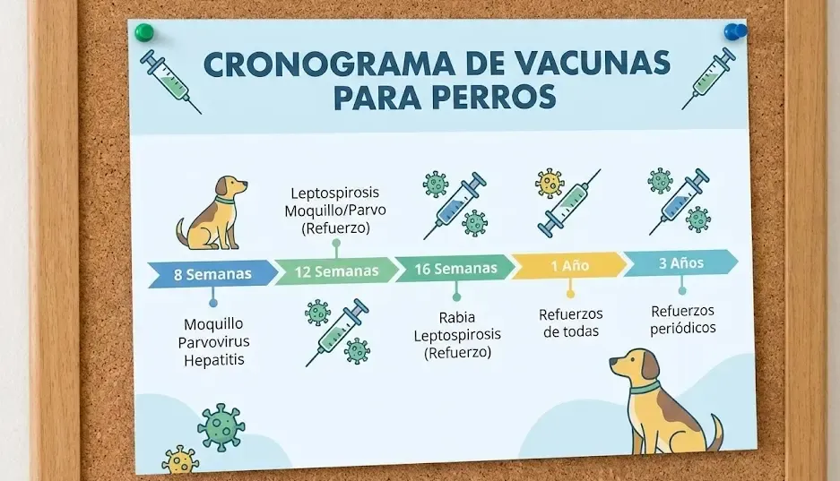 Infografía visual con la línea de tiempo de vacunas para perros