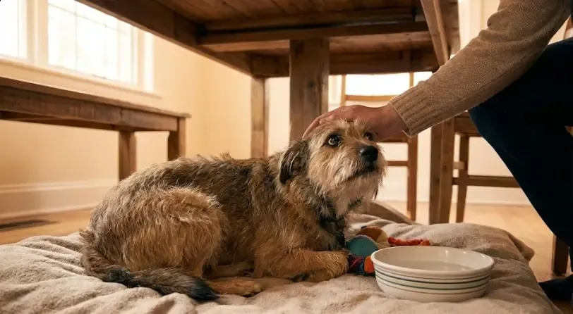 Dueño acariciando el pecho de un perro asustado debajo de una mesa