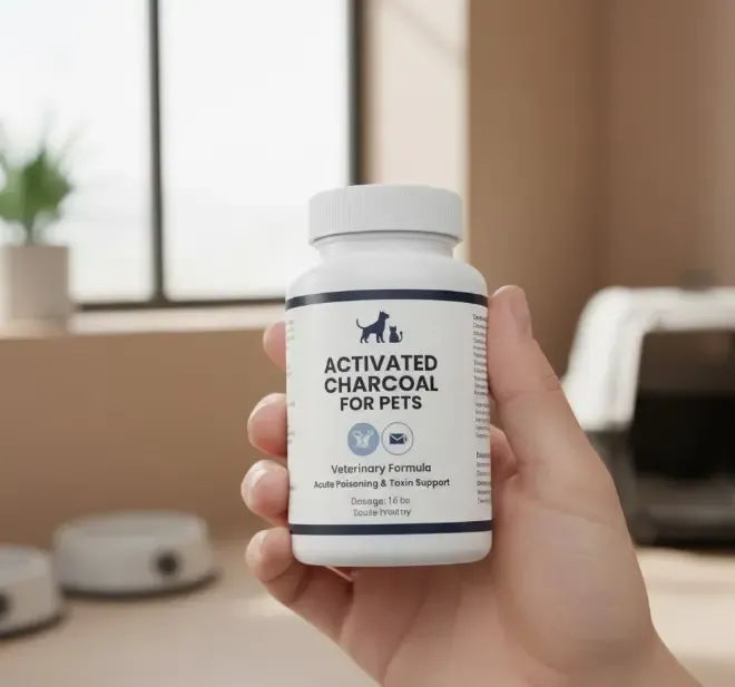 Mano sosteniendo un frasco de pastillas de carbón activado veterinario