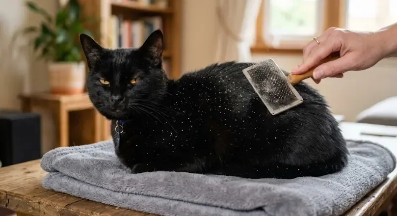 Dueño cepillando suavemente a su gato negro con un cepillo tipo carda, retirando pelo muerto