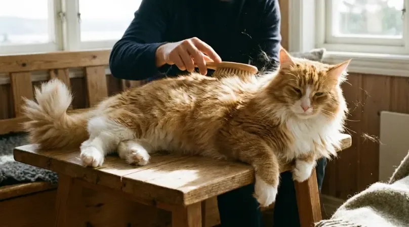 Persona cepillando el denso pelaje de un gato Bosque de Noruega con un peine de púas metálicas