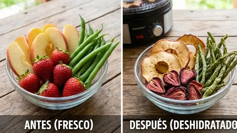 Plato de comida deshidratada antes y despues
