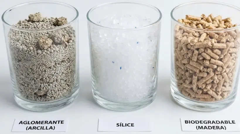 Comparativa visual: Montón de arena aglomerante gris a la izquierda y cristales de sílice blancos a la derecha