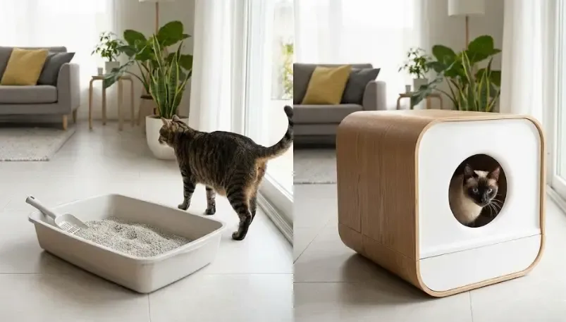 Comparativa visual: Bandeja abierta vs Arenero cubierto tipo cueva