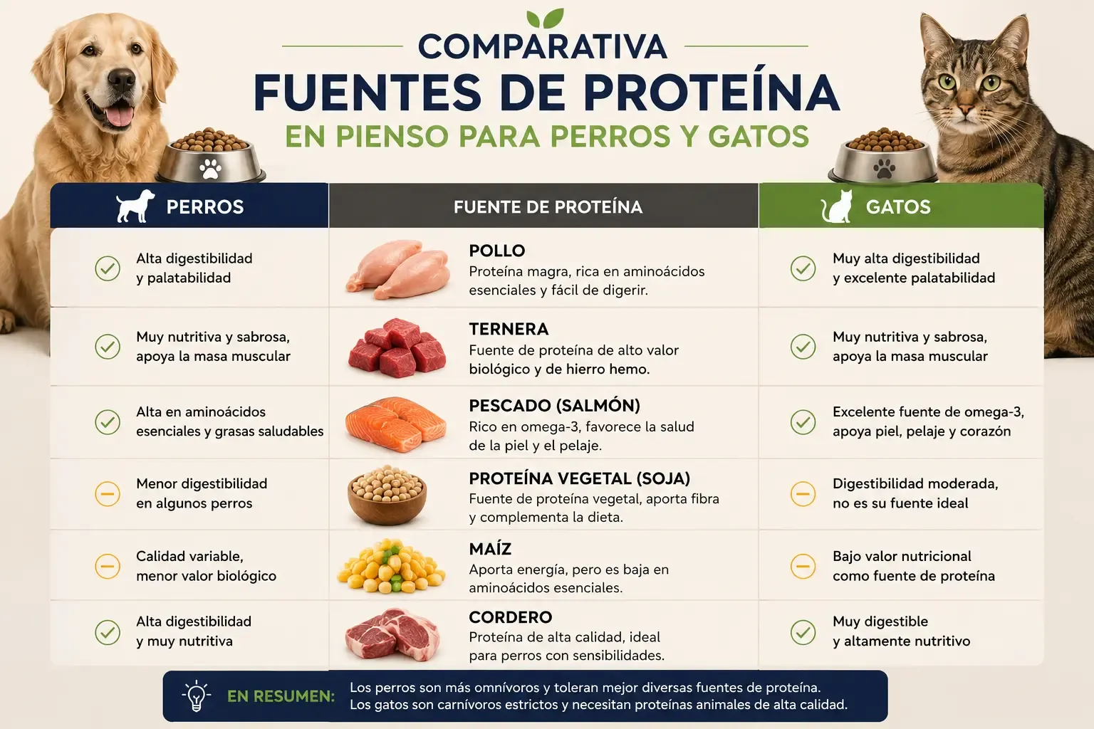 Comparativa visual entre fuentes de proteína animal y vegetal para piensos