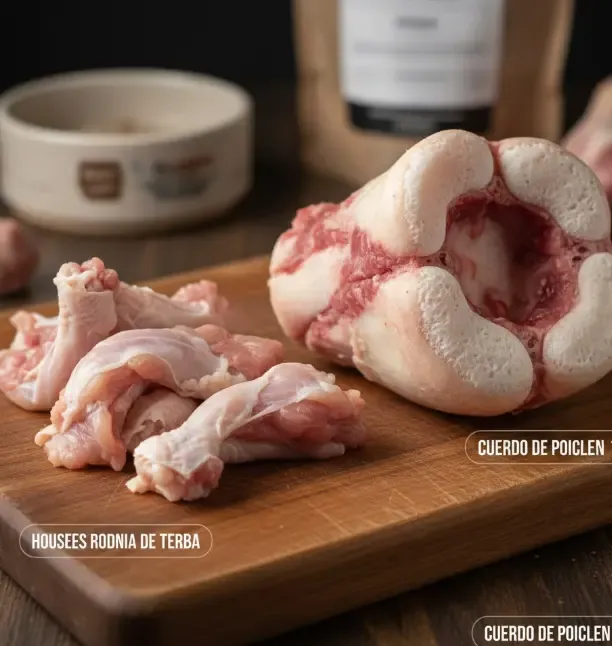 Diferencia visual entre un cuello de pollo carnoso y un gran hueso de rodilla de ternera