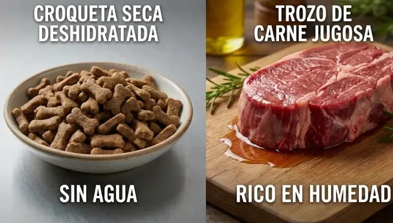 Comparativa visual: croqueta seca deshidratada vs trozo de carne jugosa
