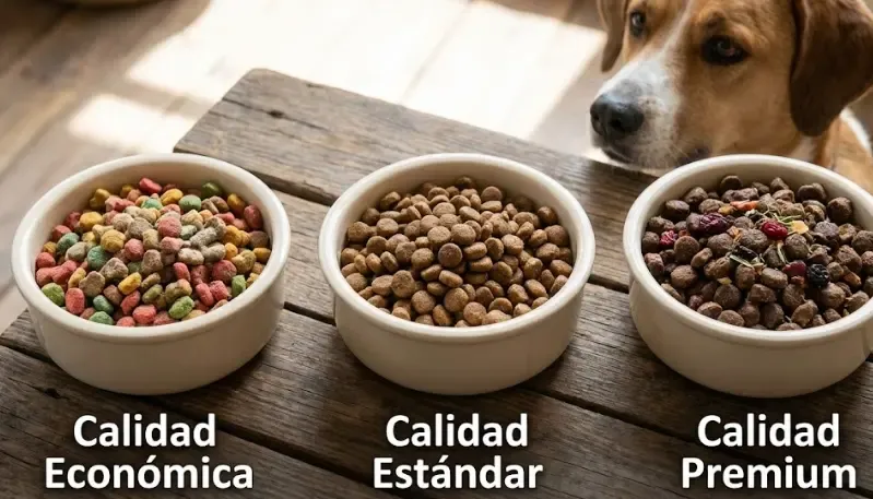 Comparativa visual de tres cuencos de pienso con diferentes calidades de croqueta