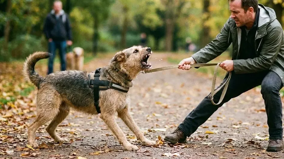 Dueño intentando controlar a un perro atado que ladra furiosamente hacia adelante
