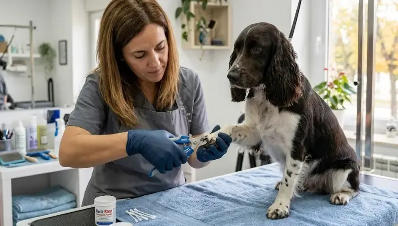 Persona cortando con cuidado la punta de la uña de un perro usando tijeras especiales