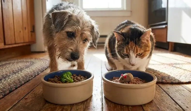Perro y gato mirando con curiosidad sus respectivos cuencos de comida
