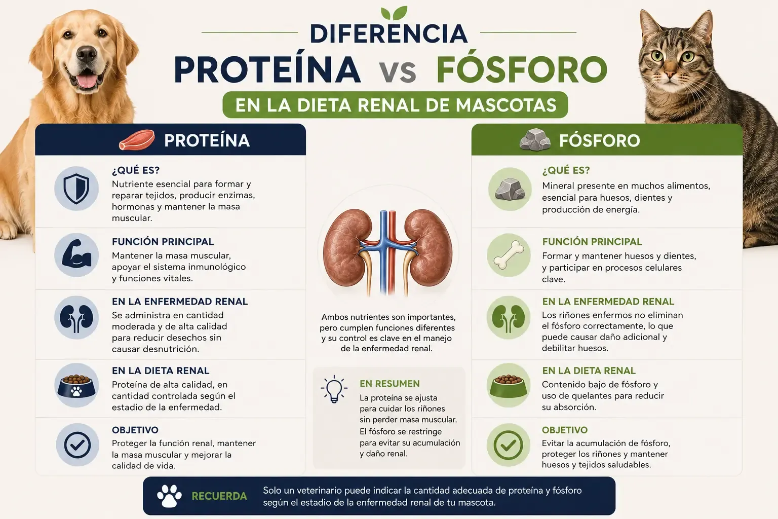 Infografía que muestra la diferencia entre proteína y fósforo en la dieta renal