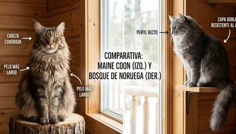 Diagrama visual mostrando la diferencia de perfil y hocico entre un Maine Coon y un Bosque de Noruega