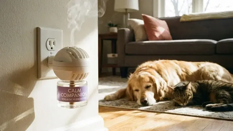 Perro y gato descansando cerca con un difusor de feromonas enchufado al fondo