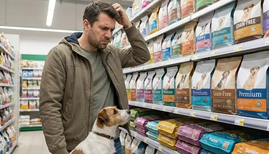 Dueño de perro confundido mirando varios sacos de pienso en una tienda