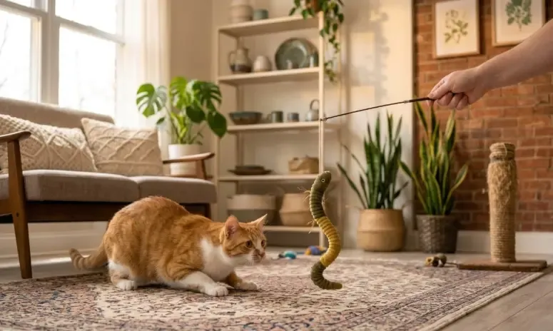 Dueño sosteniendo una caña con un gusano de peluche verde, el gato está agazapado a punto de saltar