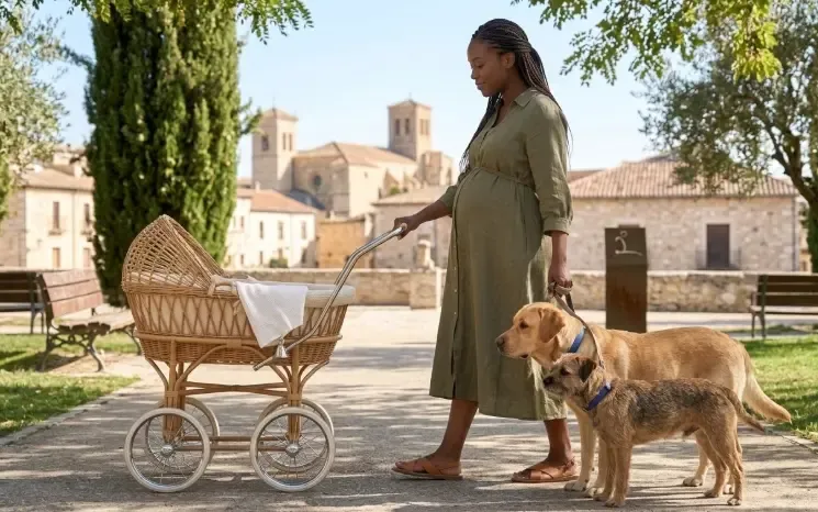 Dueña embarazada paseando por el salón con un carrito de bebé vacío junto a su perro para acostumbrarlo