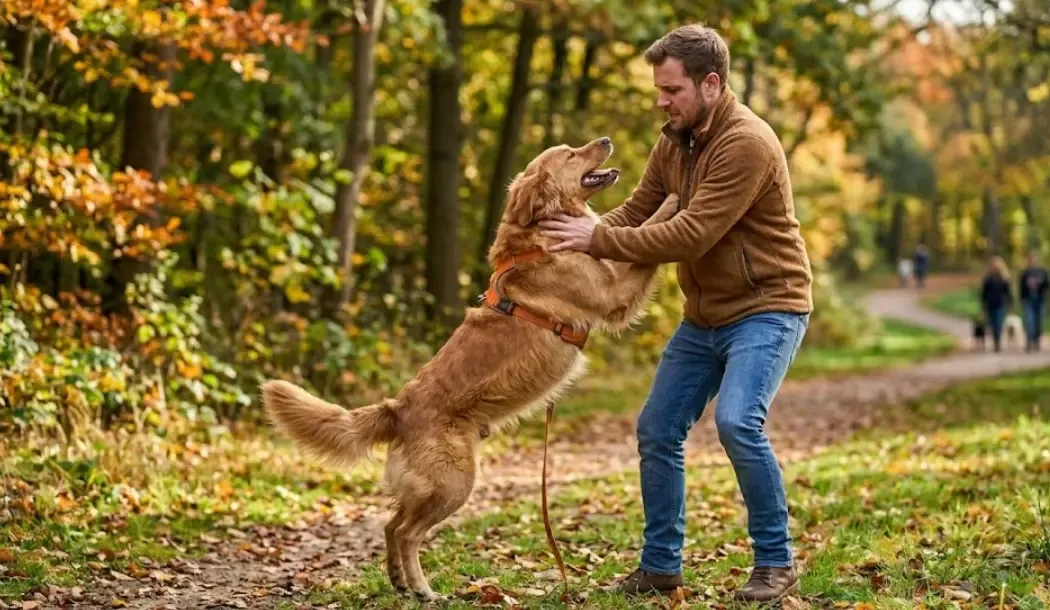 Dueño empujando hacia abajo a un perro que intenta saltarle encima, un error común de adiestramiento