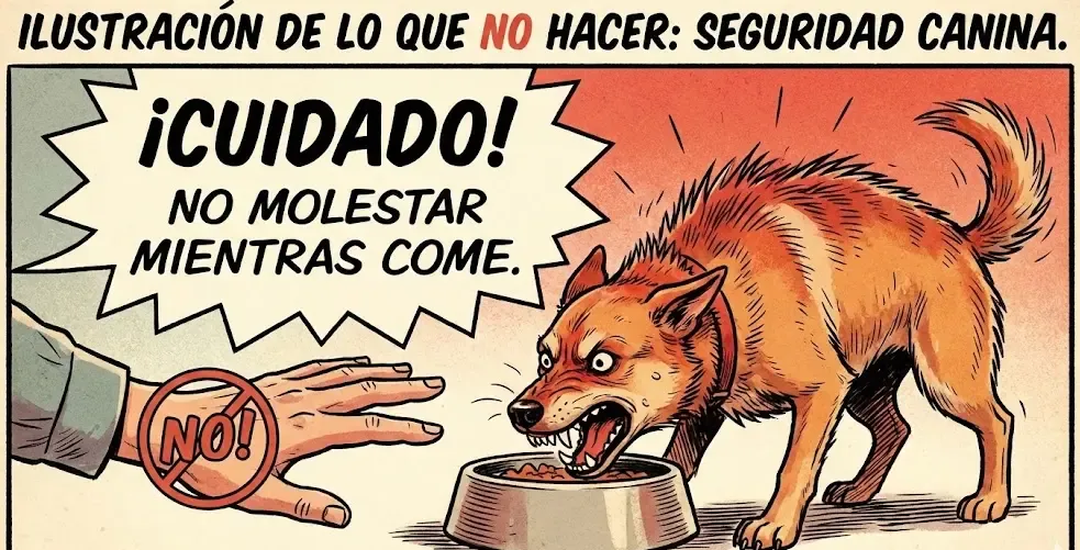 Ilustración de lo que NO hacer: mano de humano acercándose a un perro tenso comiendo