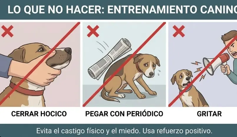 Infografía de lo que NO hacer: cerrar hocico, pegar con periódico, gritar