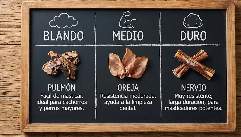 Infografía clasificando snacks por dureza: Blando (Pulmón), Medio (Oreja), Duro (Nervio)