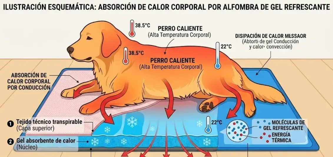 Ilustración esquemática mostrando cómo el gel de la alfombra absorbe el calor corporal del perro