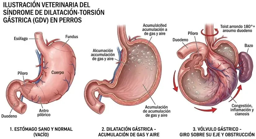 Ilustración veterinaria del estómago de un perro, mostrando el proceso de llenado de gas y el posterior giro sobre su eje (vólvulo)