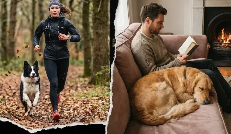 Collage mostrando diferentes estilos de vida: una persona corriendo con un perro y otra leyendo en el sofá con un perro tranquilo
