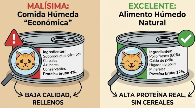 Infografía comparando una etiqueta de comida húmeda mala vs una etiqueta de alta calidad