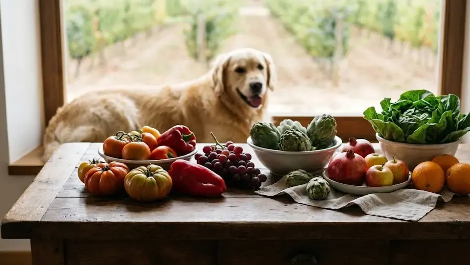 Bodegón de frutas y verduras frescas con un perro de fondo desenfocado