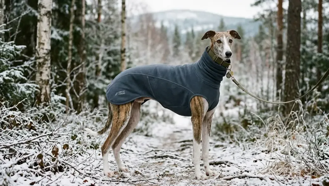 Galgo con buzo anatómico específico para invierno: el cuello alto reduce la pérdida térmica y el ajuste se adapta al cuerpo esbelto