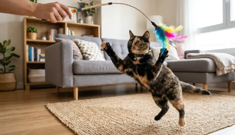 Una gata carey de mirada intensa jugando activamente con una varita de plumas en el salón de casa
