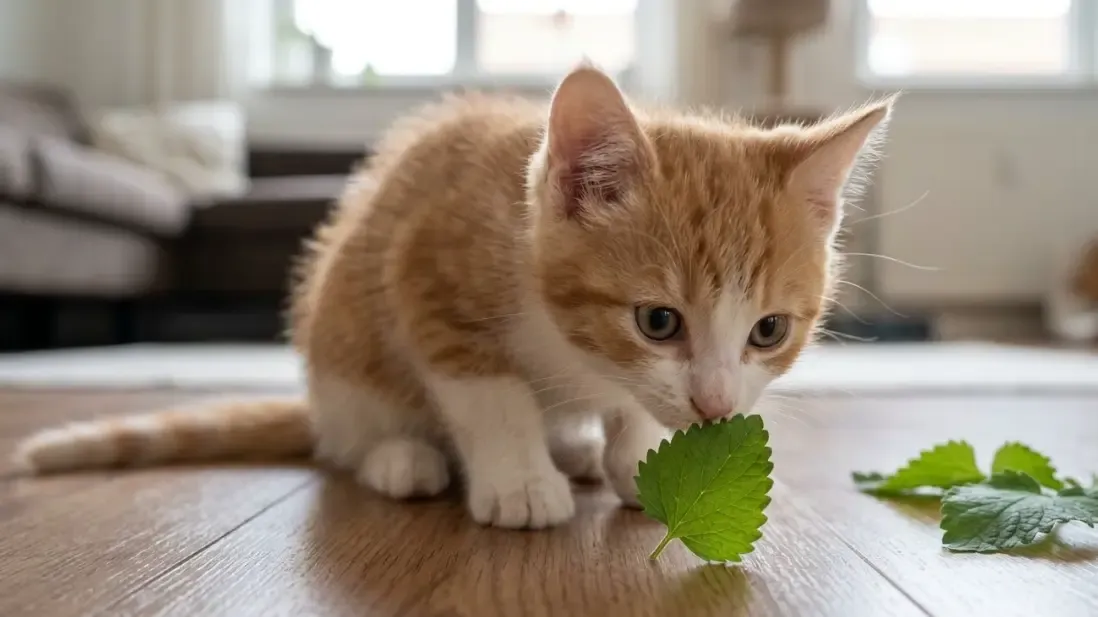 Gatito pequeño olfateando curiosamente una hoja de catnip sin mostrar ningún efecto de euforia