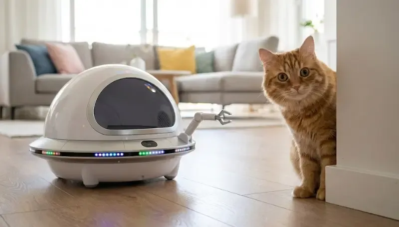 Gato mirando con curiosidad un arenero automático tipo robot espacial