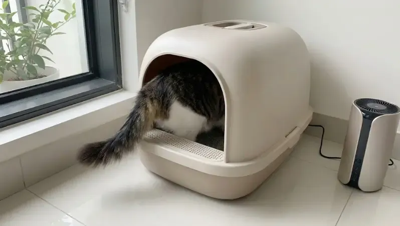 Gato usando un arenero cubierto limpio y sin olores
