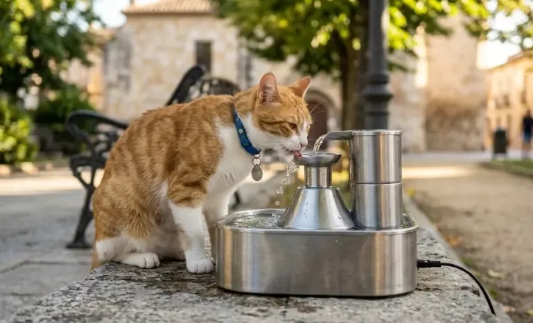 Gato bebiendo agua activamente de una fuente de agua automática de acero inoxidable